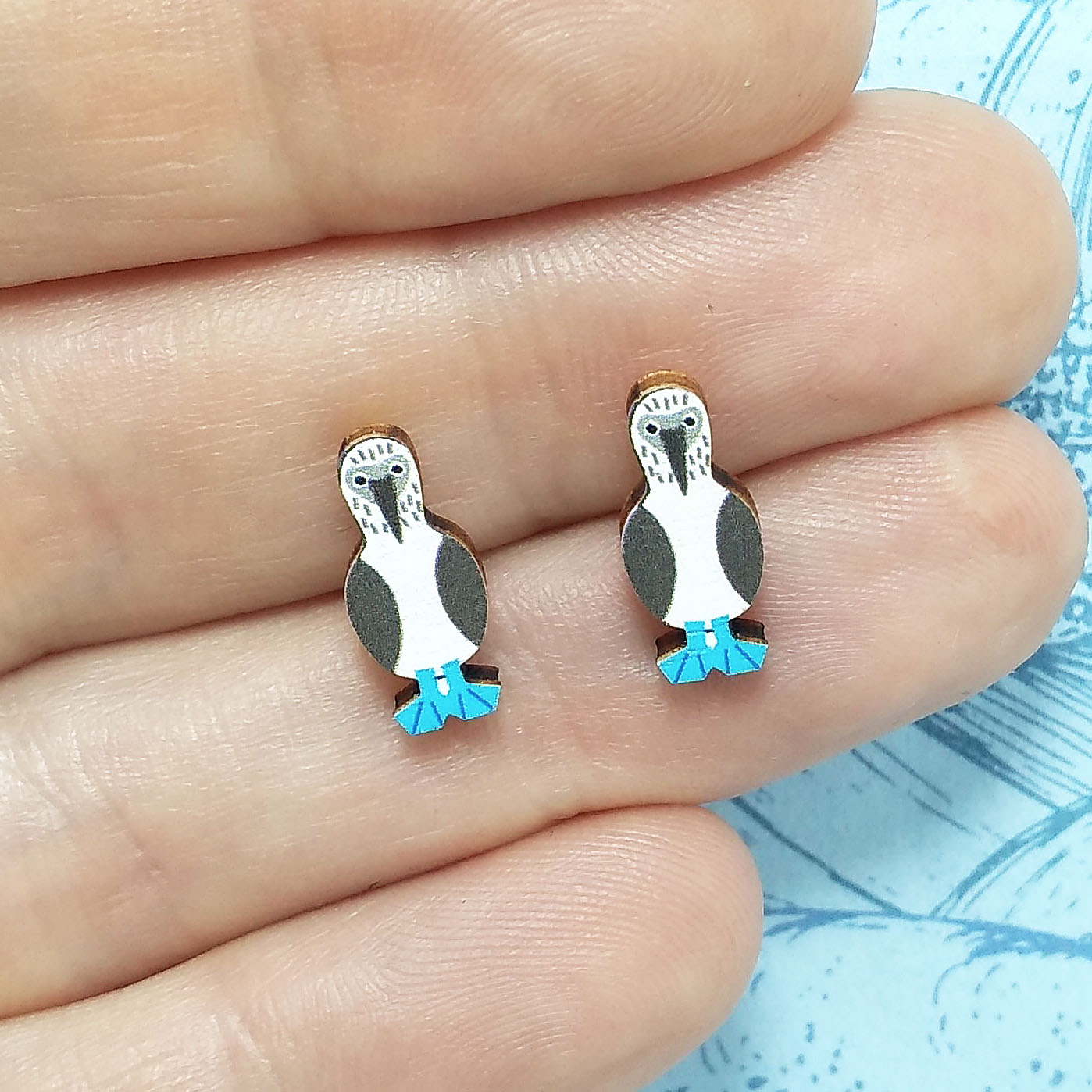 Wooden blue footed booby stud earrings held on hand