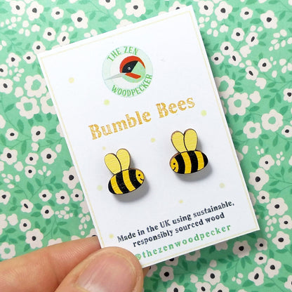 Wooden bumble bee stud earrings on display card