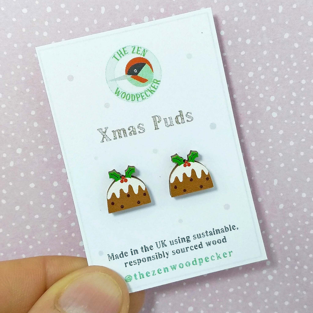 Christmas pudding wooden stud earrings on display card