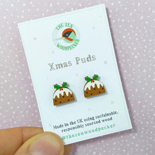 Christmas pudding wooden stud earrings on display card