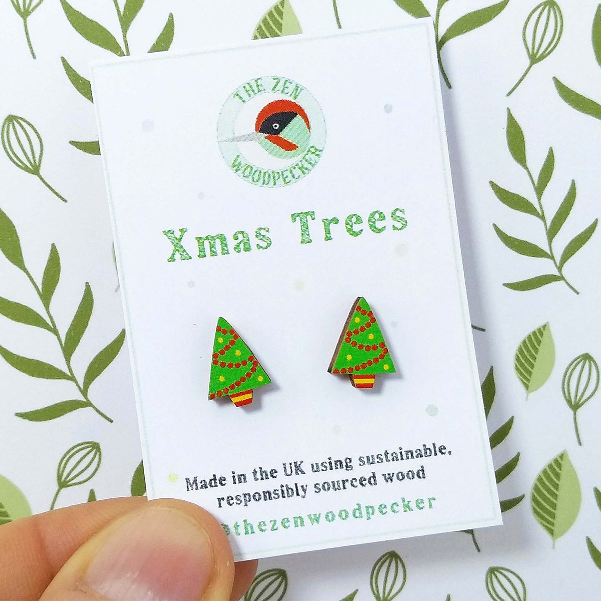 Christmas tree wooden stud earrings on display card