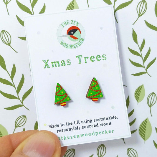 Christmas tree wooden stud earrings on display card
