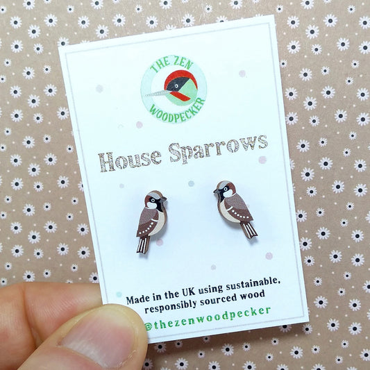 Wooden house sparrow stud earrings on display card