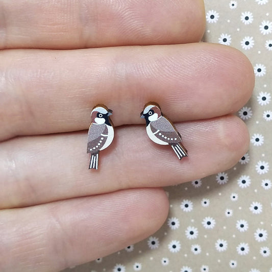 Wooden house sparrow stud earrings held on hand