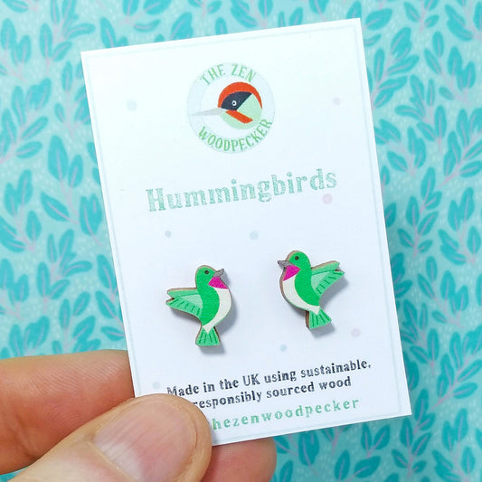 Wooden hummingbird stud earrings on display card