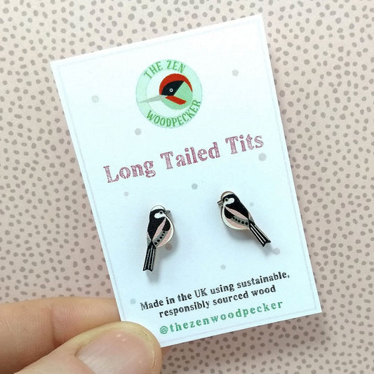 Wooden long tailed tit stud earrings on display card