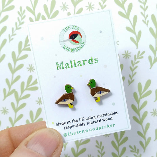 Wooden mallard stud earrings on display card
