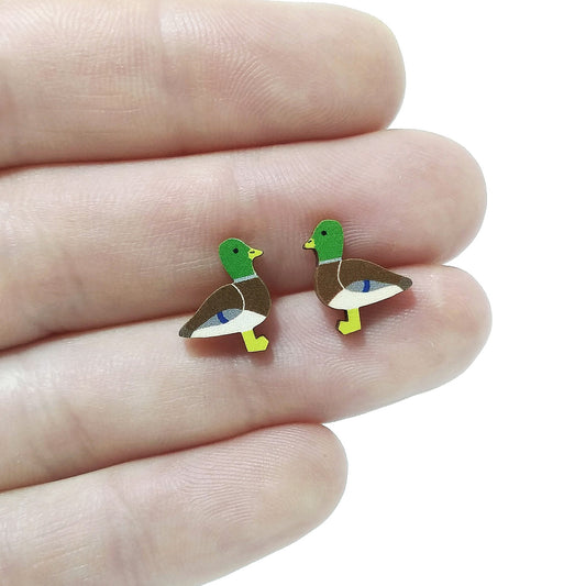 Wooden mallard stud earrings held on hand