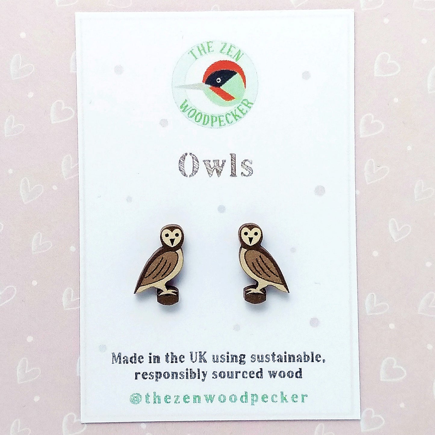 Wooden owl stud earrings on display card