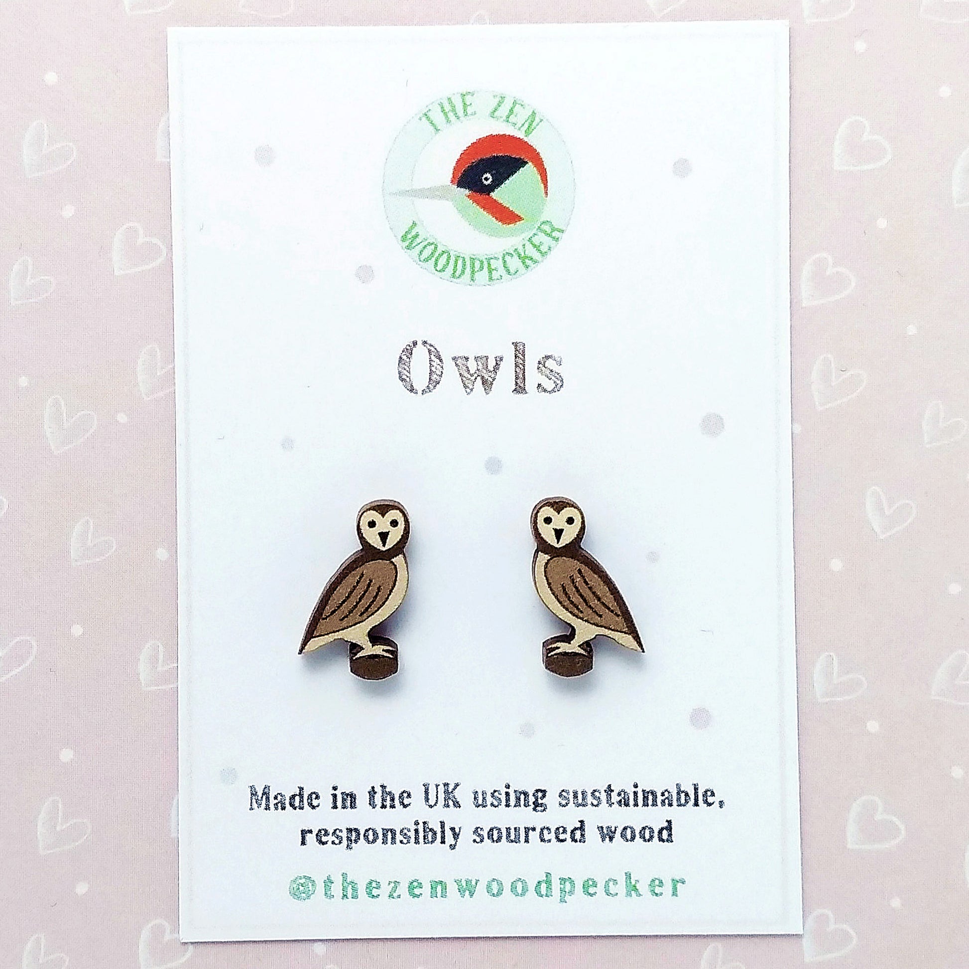 Wooden owl stud earrings on display card
