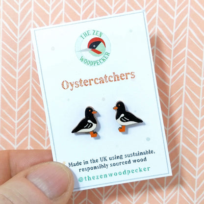 Wooden oystercatcher stud earrings on display card