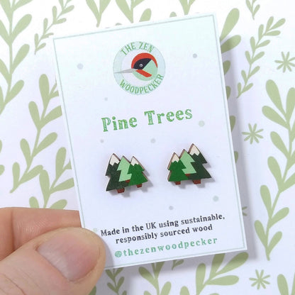 Wooden pine tree stud earrings on display card