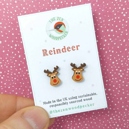 Reindeer wooden stud earrings on display card