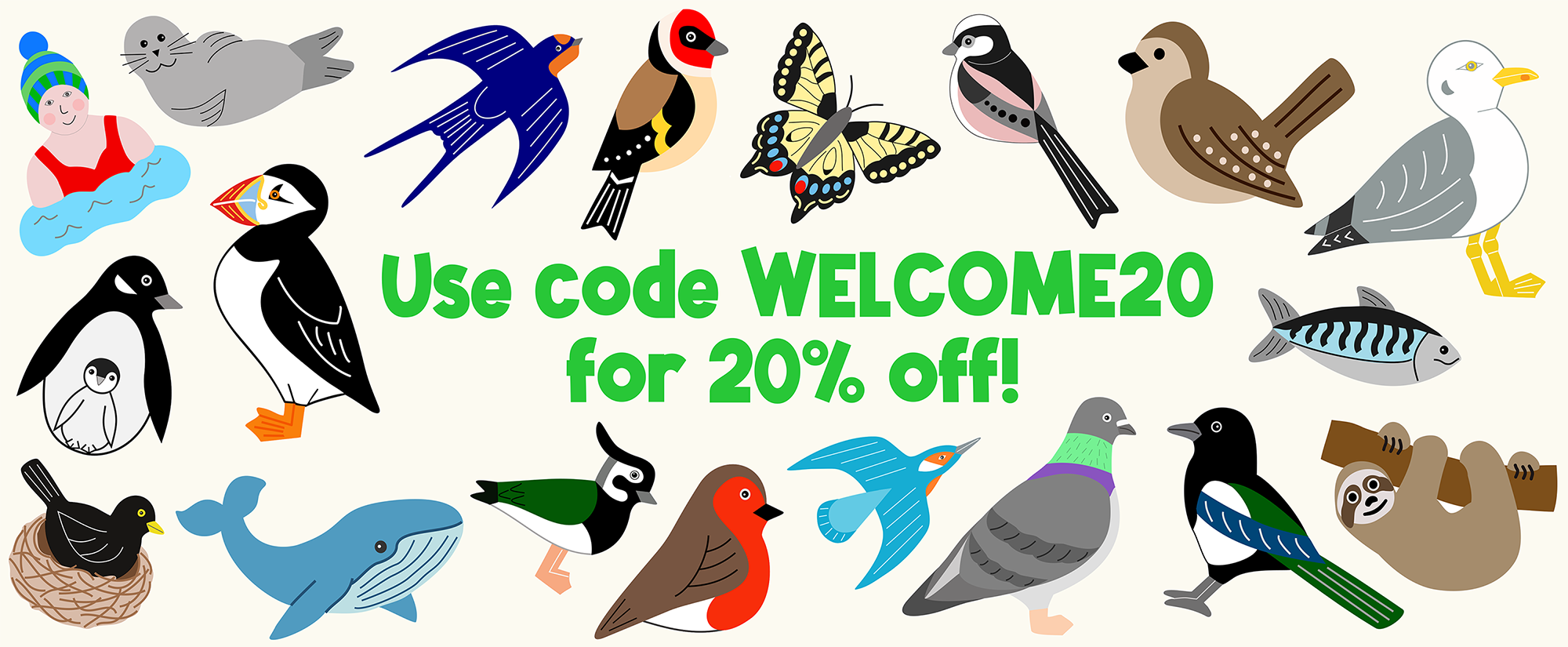 Banner showing discount code WELCOME20 to give 20% off at checkout