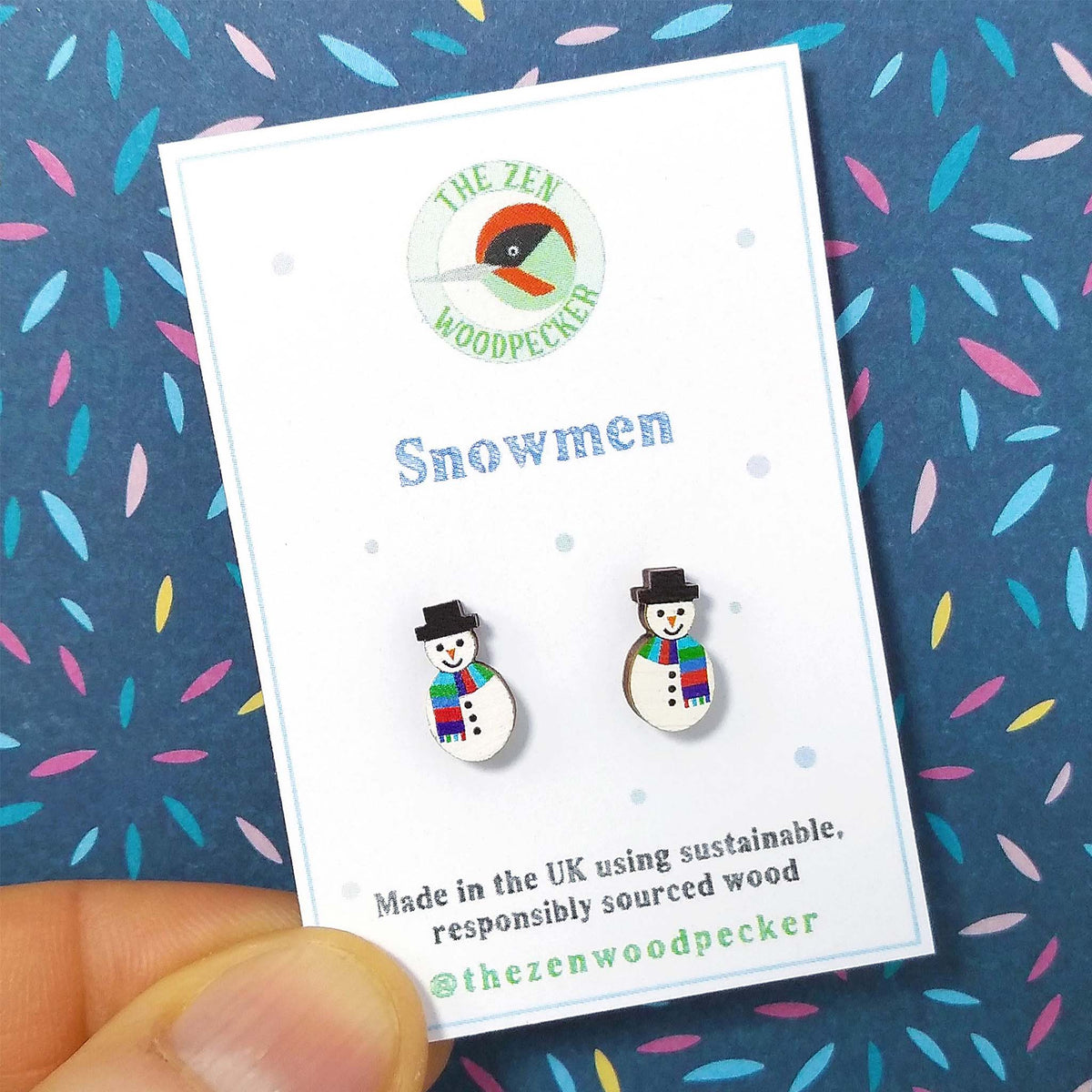 Snowman wooden stud earrings on display card
