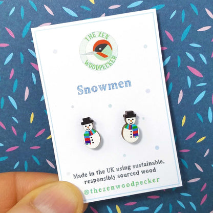 Snowman wooden stud earrings on display card