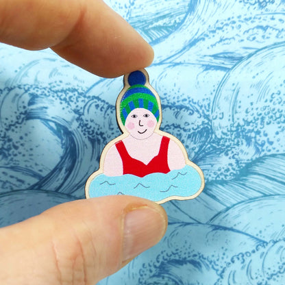 Wooden wild swimmer pin badge 