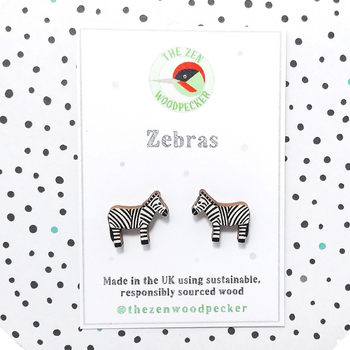 Wooden zebra stud earrings on display card