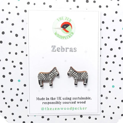 Wooden zebra stud earrings on display card