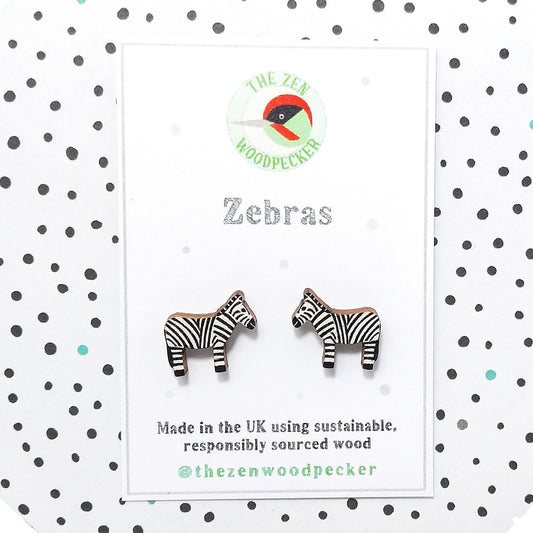 Wooden zebra stud earrings on display card